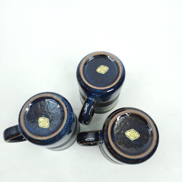 Otagiri Mugs Lot of 3 Blue Brown 9 oz Handpainted Hand Crafted Stoneware Stripe - Picture 5 of 14